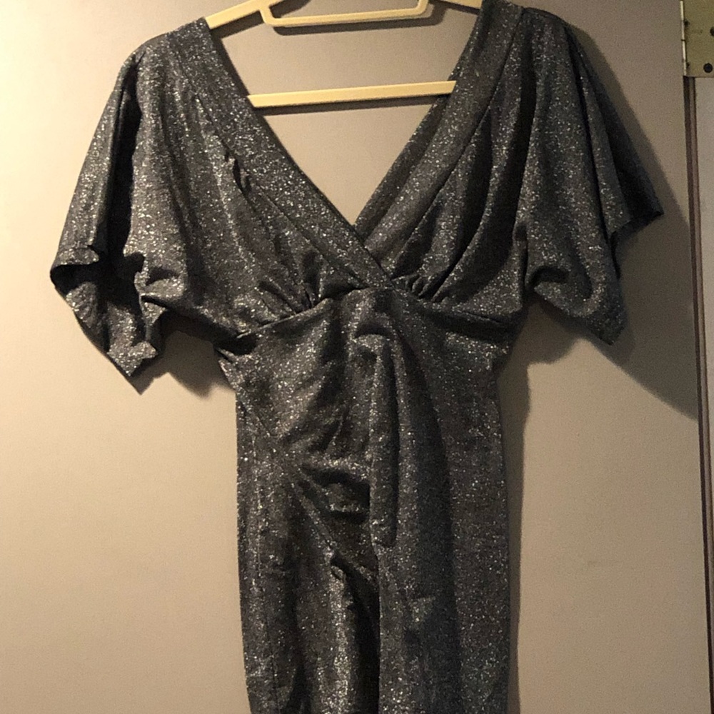Sparkly Silver top; v neck front and back